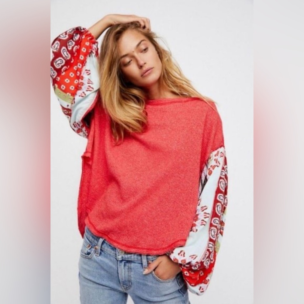 Free People We The Free Blossom Thermal Top Red Knit w/ Paisley Balloon Sleeves